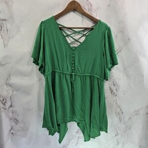 Torrid Shirt Womens 2 Kelly Green Flutter Criss Cross Strappy Babydoll Sharkbite